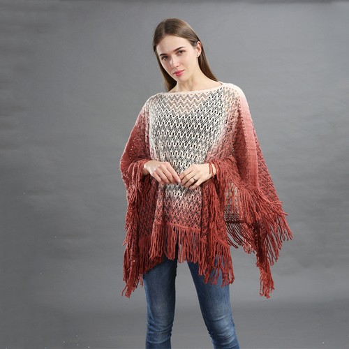 Lady Poncho Wrap Shawl Cape Top Blouse Cloke Cloak Knit Crochet Gradient Tassels - Picture 18 of 25
