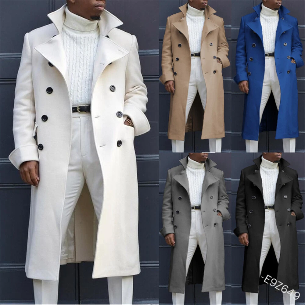 Men Trench Coat Long Jacket Outwear Formal Office Work Casual Peacoat