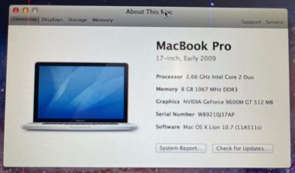 USED Apple MacBook Pro 2008 (A1297) 17" Intel 2.66GHz/ 8GB RAM/320HD (READ NOTE) - Image 2 of 4