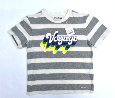 Bonpoint Thibald Voyage White & Grey Stripe Short Sleeve T-Shirt Cotton Youth 4A