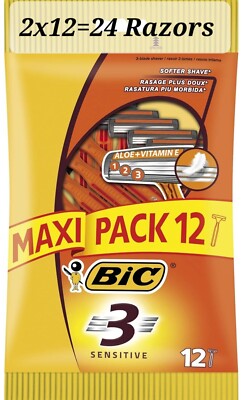 2 x BIC 3 Sensitive, Herren Dreiklingen Sensitive Rasierer, 2x12 insgesamt 24 Rasierer 