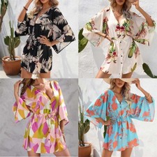 Short Skirt V-Neck Half-Length Sleeve Dress Women fashion Leaf Printing Summer