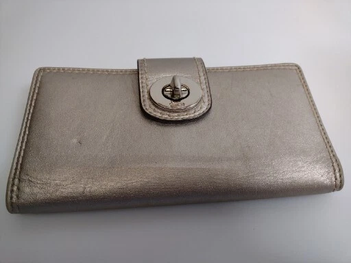 Coach Wallet BiFold Golden Metallic Leather Flap Cover Twist Lock Closure