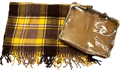 Vintage Faribo Pak A Robe 100% Wool Yellow Plaid Stadium Blanket Padded Seat