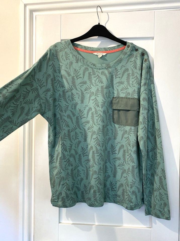 WHITE STUFF Green Fern Leaf Print Jersey Top Long Sleeve Pocket UK 16