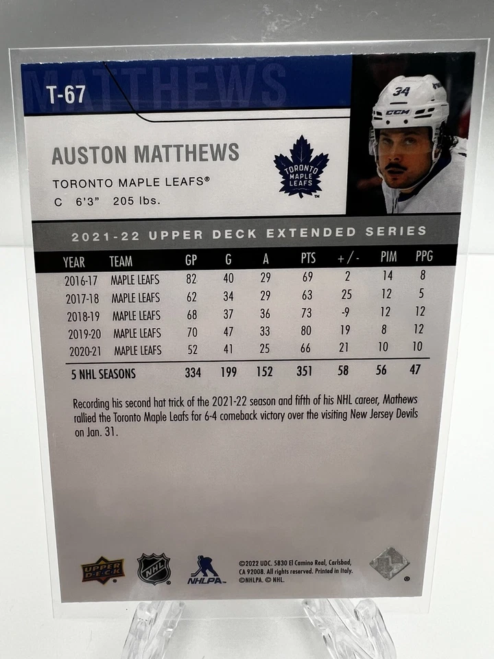 21-22 UD Extended Series Hockey Tribute Retro #T-67 Auston Matthews - Image 2 of 2