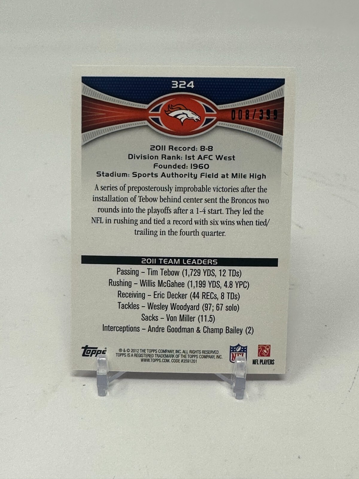 2012 Topps Football Denver Broncos Pink Parallel Card #324 #008/399 | eBay