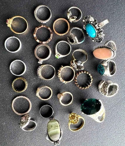 Vintage & Costume Jewelry Lot Of 27 Mixed Rings With Gemstone & Metal Designs