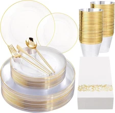 MirthMood 210Pcs Clear and Gold Plates for 30 Guests, Plastic Plates for Party