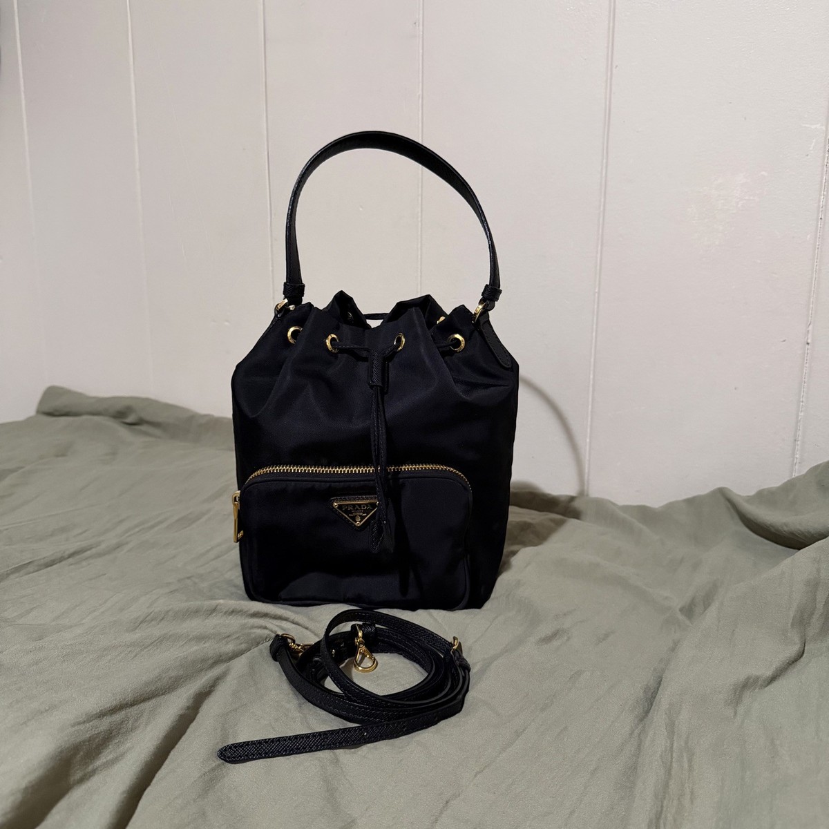 Prada Duet Re-Nylon Bucket Bag - Black | eBay