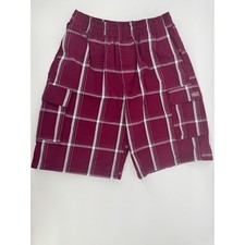 Shaka Wear Mens Plaid Cargo Shorts XL Burgundy White Elastic Waist Streetwear