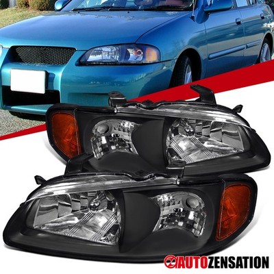 Fit 2000 2001 2002 2003 Sentra XE SE Sedan Black Headlights Lamps Left+Right