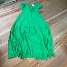 Mango Flowy Cottagecore NWT Maxi Dress SZ L Kelly Green Cotton Blend V-Neck