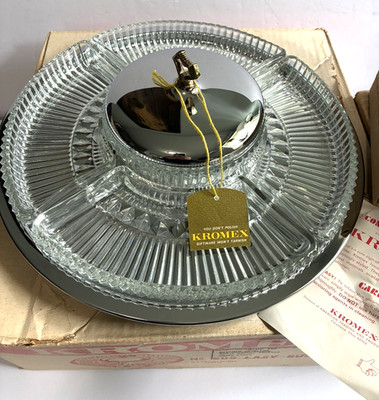 Vtg MCM Kromex Holiday Giftware #505 Lazy Susan 7 pc Set Relish Tray Dip Open Bx