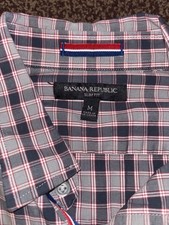 Banana Republic Men's M Slim Fit Gray Red Plaid Long Sleeve Button-Up Shirt