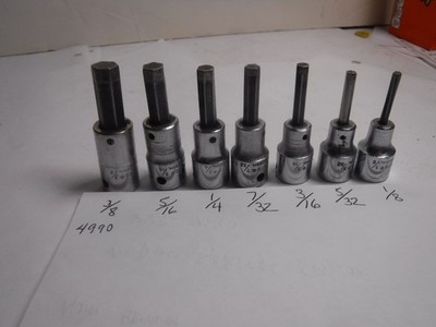Proto 4990 Hex Bit Socket Set of 7 USA 3/8'' Dr. 1/8 5/32 3/16 7/32 1/4 5/16 3/8