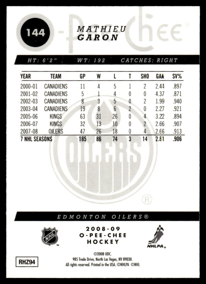 2008-09 O-Pee-Chee Metal Mathieu Garon Edmonton Oilers #144 - Image 2 of 2