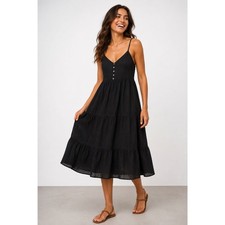 Uniqlo Black Cotton Gauze Tiered Maxi Dress XS Boho Cottagecore Sundress