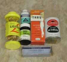 Vintage Medicine Tins Bottles Listerine Tourniquet Fasteeth Bauer & Black LOT