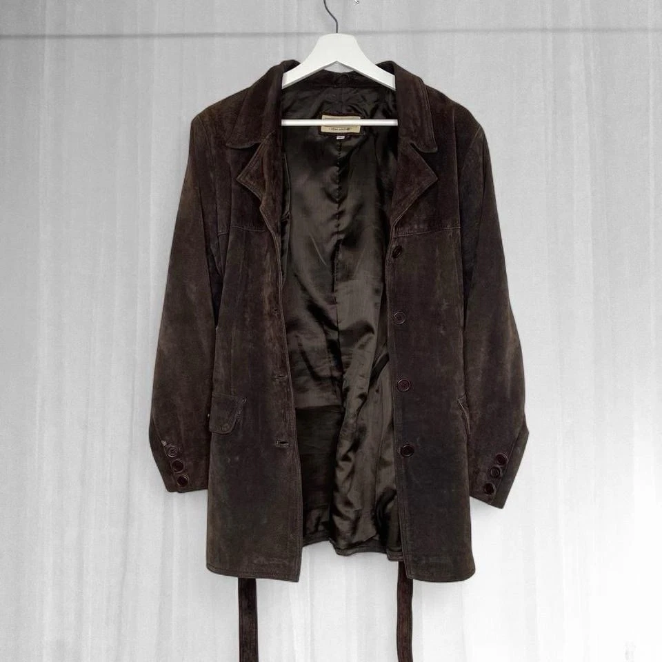 Vintage Real Leather Brown Suede Button Up Trench Coat with Belt Womens Size 12