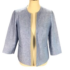 Talbots Linen Blazer Size 8P Womens Open Front Classic Blue Chambray 3/4 Sleeves