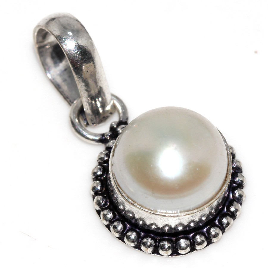 925 Silver Plated Pearl Ethnic Pendant Handmade Gemstone Jewelry Size 1.1