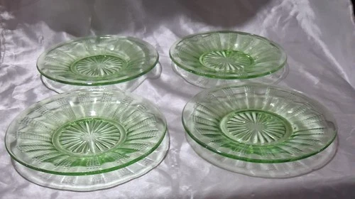 Vintage Anchor Hocking Uranium Glass Saucers - Roulette Design - Set of 4