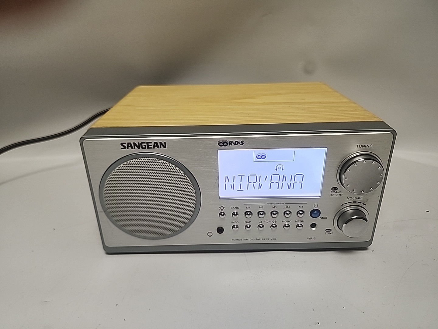 Sangean WR-2 AM/FM Tabletop Radio Receiver AUX Walnut Wood Cabinet