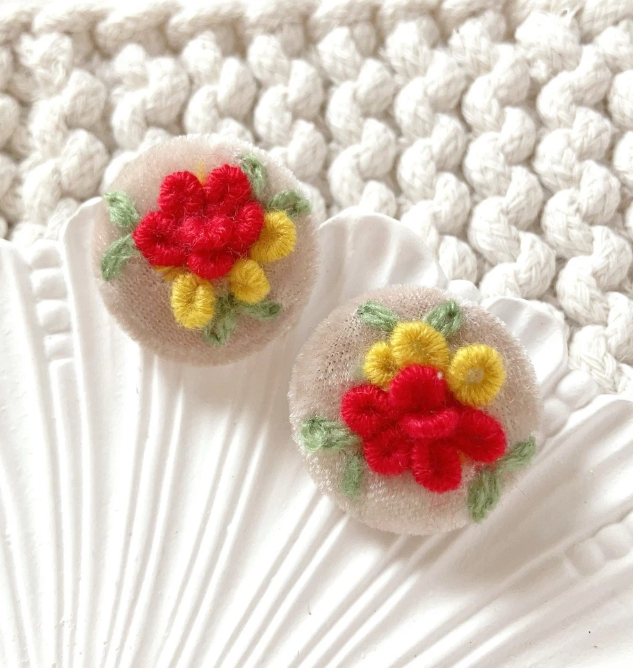 2pcs 28mm Red flower plants embroidered velvet  fabric covered shank buttons  - Image 2 of 4