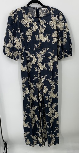 Rebecca Taylor Navy Gab Floral Print Wide Leg Cotton Jumpsuit sz 2 MISSING BELT - Picture 2 of 6