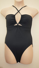 New M S Collection Halterneck Padded Cut Out Black Swimsuit Sz UK 14 16