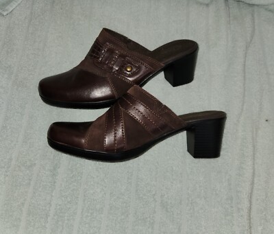 Clarks Women's Scheme Amber Mule Size 10M Block Heel Brown Leather Slip On 62836