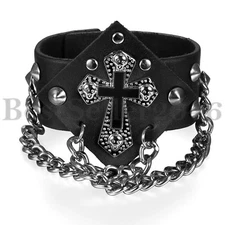 Men Boys Goth Punk Rock Rivet Cross Chain Wide Leather Cuff Bracelet Adjustable