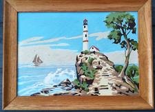 Vintage Paint By Numbers Painting Lighthouse Ocean Coast Ship Framed 16x12