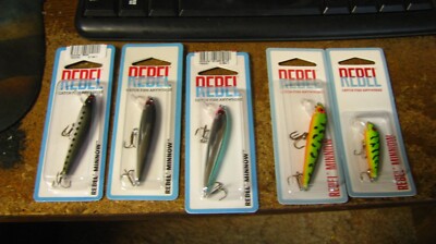 Rebel crankbait, '' minnow'', nip,  5 ct, 2 sizes, 5 colors,  free shipping