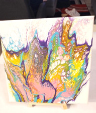 Handmade Abstract Original Acrylic Pour Painting on 8X8 Canvas Varnished  Stand