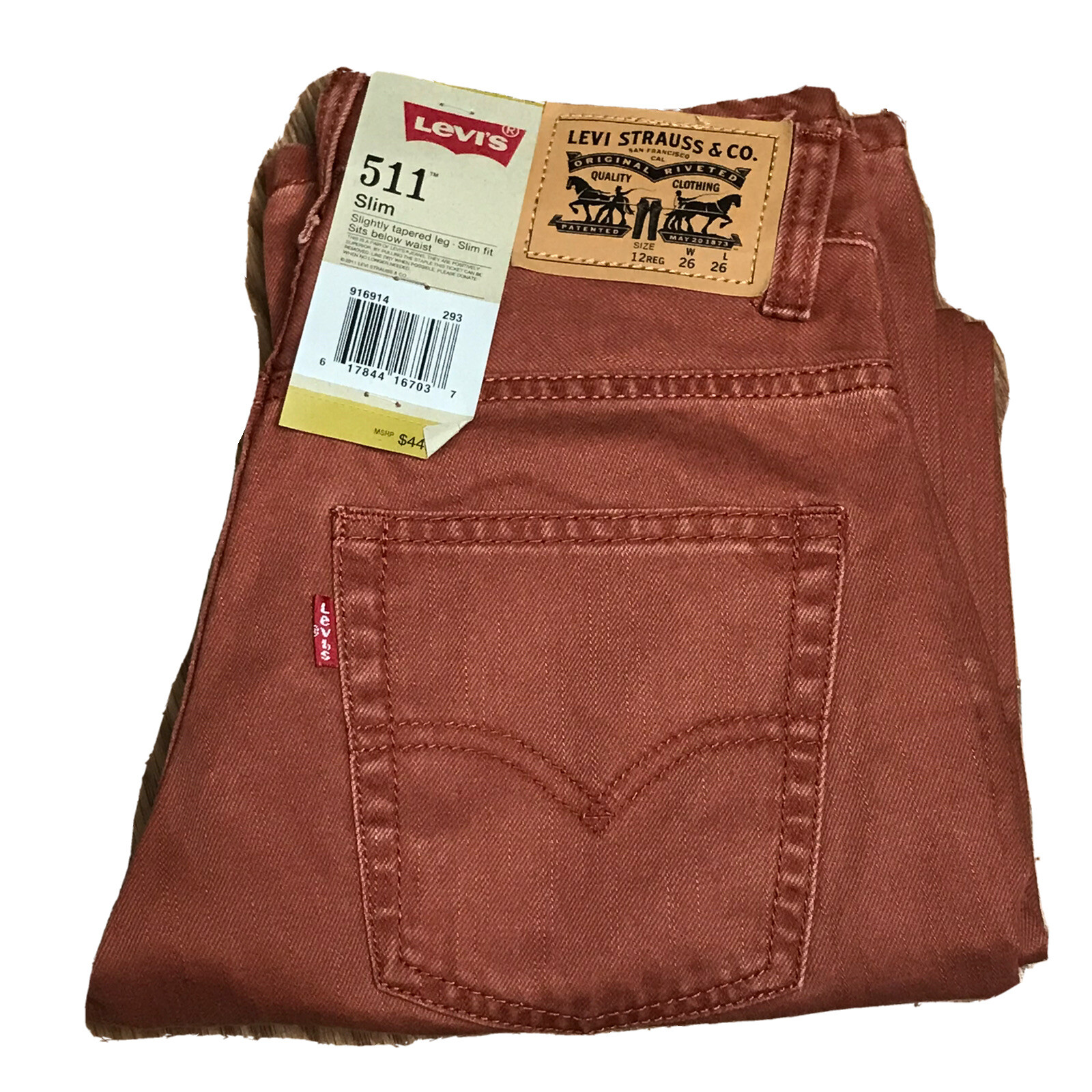 Kids 12 Regular 26x26 Burnt Henna Red Denim 511 Slim Fit Nwt