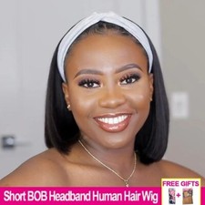 Short Bob Headband Wig Glueless Straight Human Hair Wig with Headband Brizilian