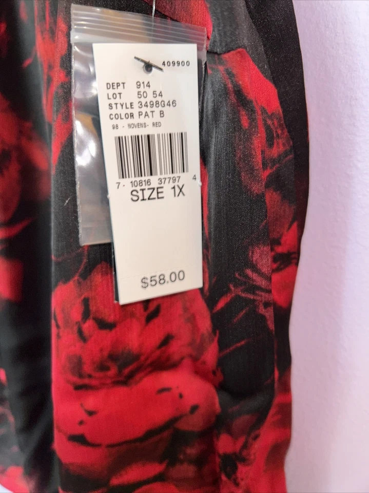 AB Studio Woman Size 1X Blouse Shirt Floral Red Black Christmas Jewelry Neck - Image 4 of 4