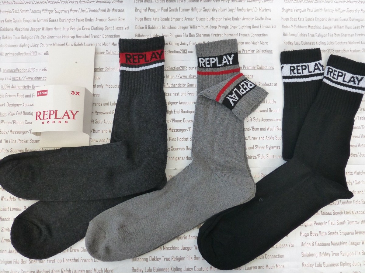 REPLAY 3pk Cushion Sock Mens Black multi Trainer Size 43-46 Crew Socks BNIP