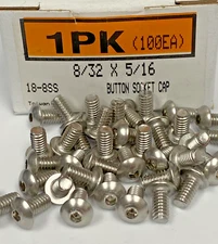 New 8/32 x 5/16" Button Socket Cap Screw, 18-8 Stainless Steel (100ea)
