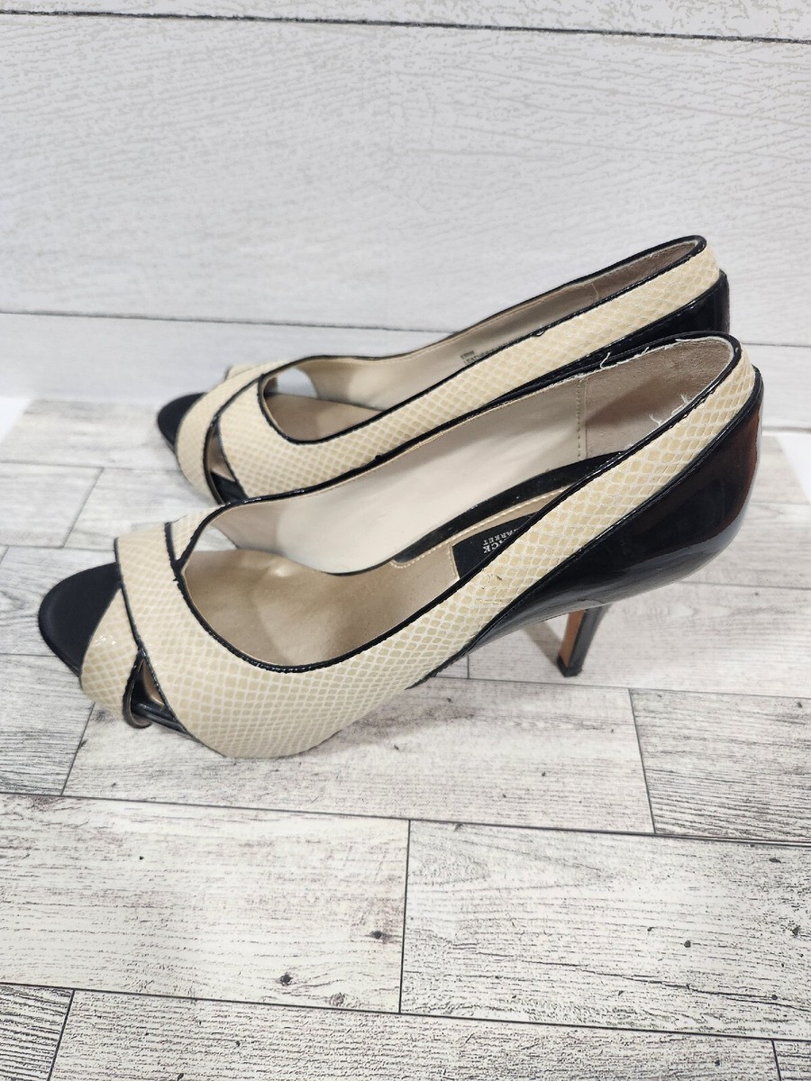 White House Black Market Heel Sz M Beige Black Open Toe Pump