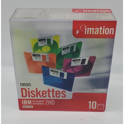 NEW SEALED 10-Pack Imation Neon Diskettes IBM Formatted 2HD 1.44 MB