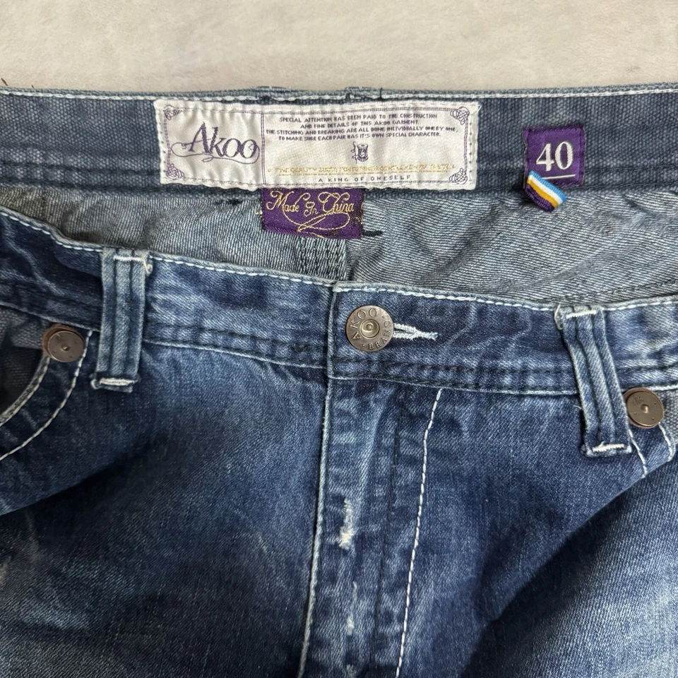 Pantalones de mezclilla relajados de pierna recta Y2K AKOO talla 40 desgastados hip hop pierna ancha patinador Foto 4 de 4