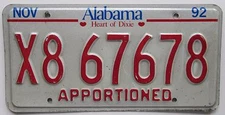 Alabama 1992 APPORTIONED TRUCK License Plate # X8 67678