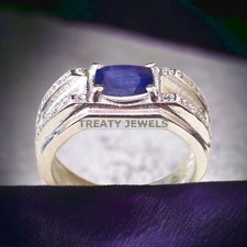 Blue Sapphire Oval Cut Gemstone With 14K Solid White Gold Ring For Men's A255