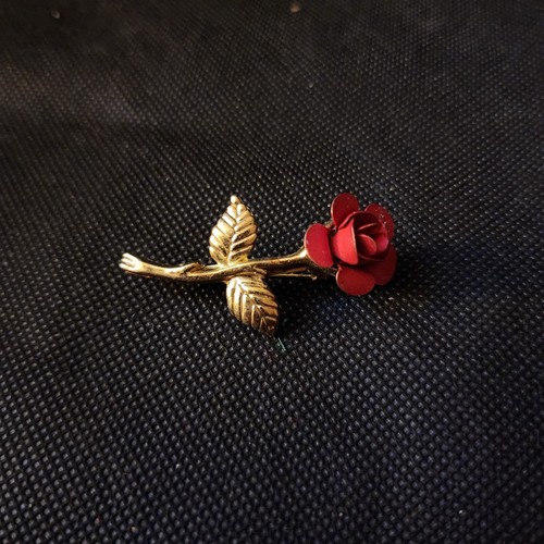 Gold Tone and Red Rose Brooch Pin Velvet Look Petals - Picture 2 of 6