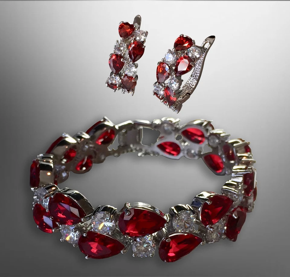 18k White Gold Plated Red Garnet & Simulated Diamond Tennis Bracelet Earring Set - Image 2 of 4