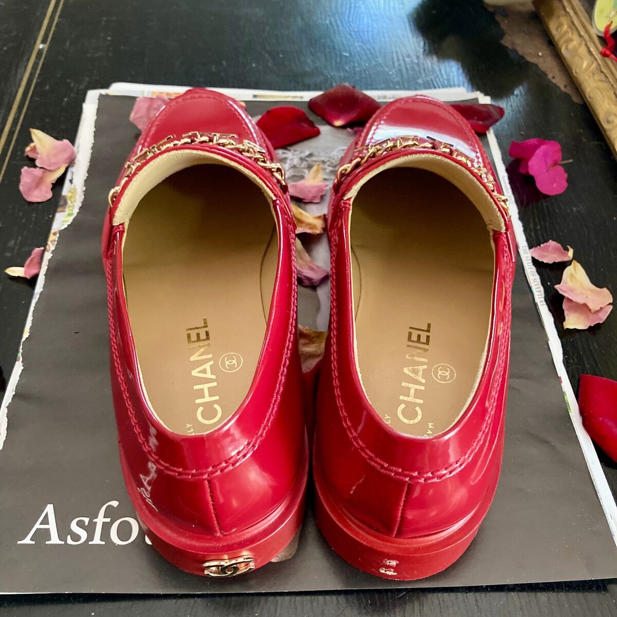 CHANEL red patent Bonnie and Clyde loafers gold logo charms CHANEL red patent Bonnie and Clyde loafers gold logo charms