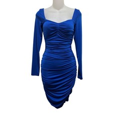 Express Body Contour Cocktail Dress Women XS Blue Ruched Long Sleeve Bodycon NWT